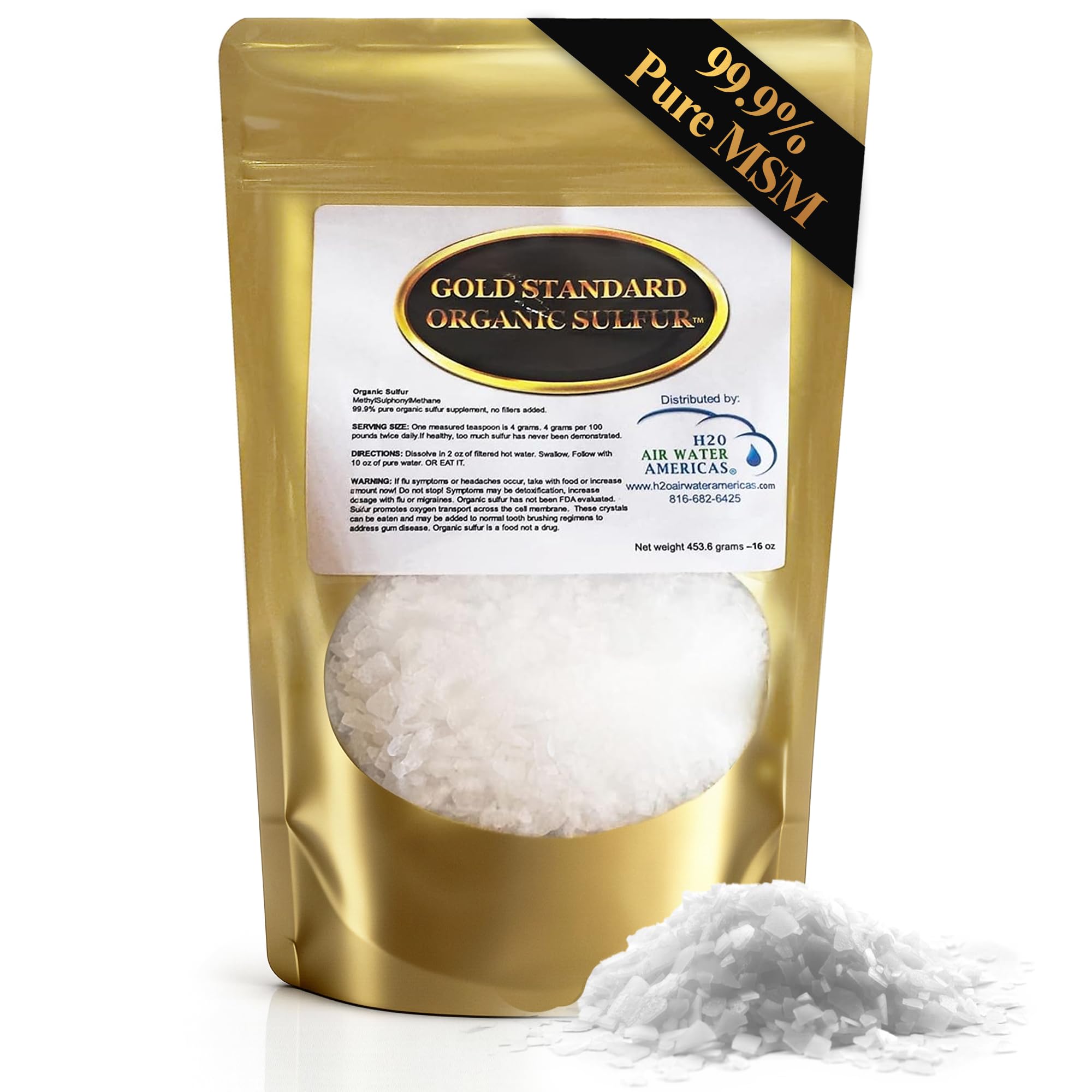 H2O Air Water Americas gold standard organic sulfur crystals 1lb pour shows high-purity MSM
