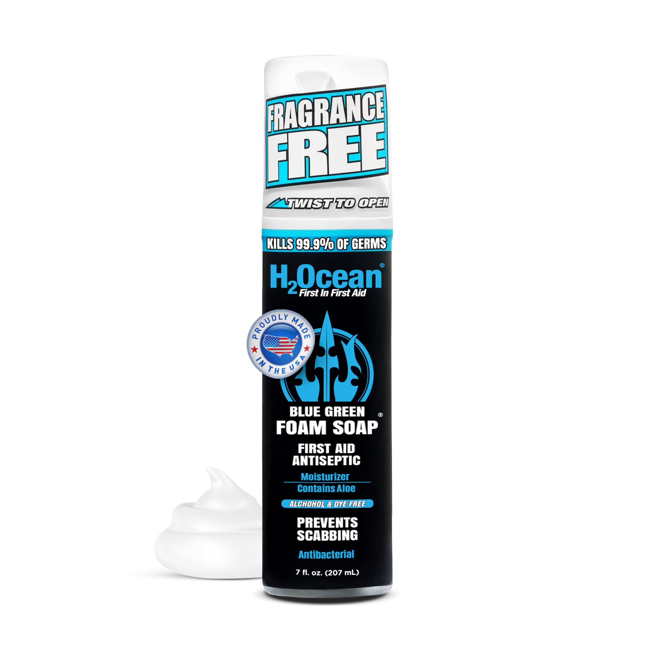 H2Ocean Blue Green Foam Soap bottle for gentle tattoo aftercare on all skin types