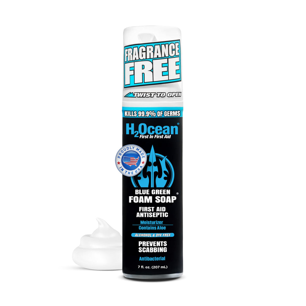 H2Ocean Blue Green Foam Soap bottle for gentle tattoo aftercare on all skin types