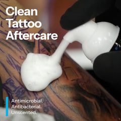 H2Ocean Foam Soap foaming action demonstrates no-rinse cleansing for new tattoos
