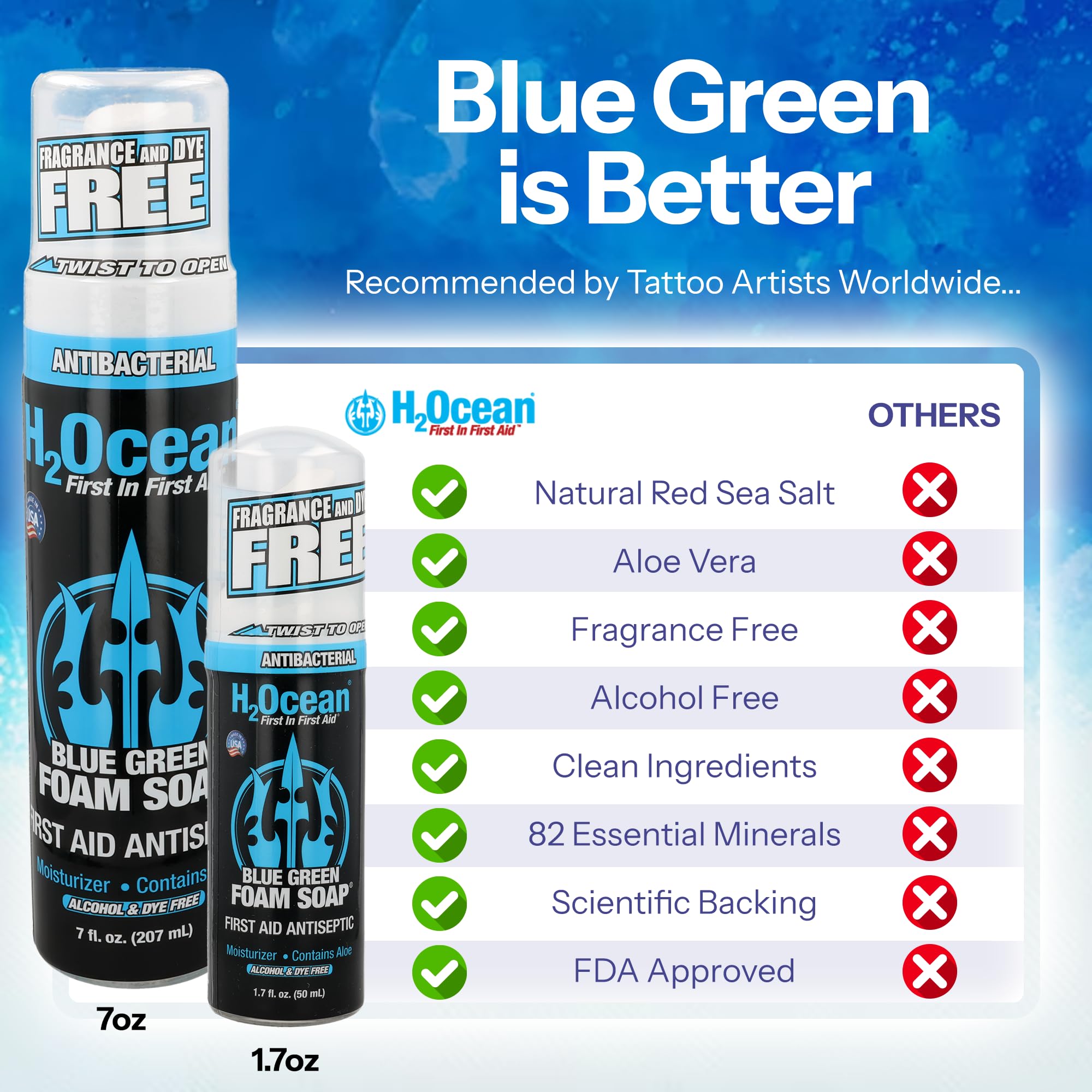 H2Ocean Blue Green Foam Soap sea salt minerals emphasize mineral-rich formula