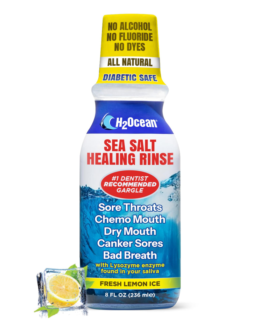 H2Ocean Healing Rinse bottle shows sea salt formula for fresh breath