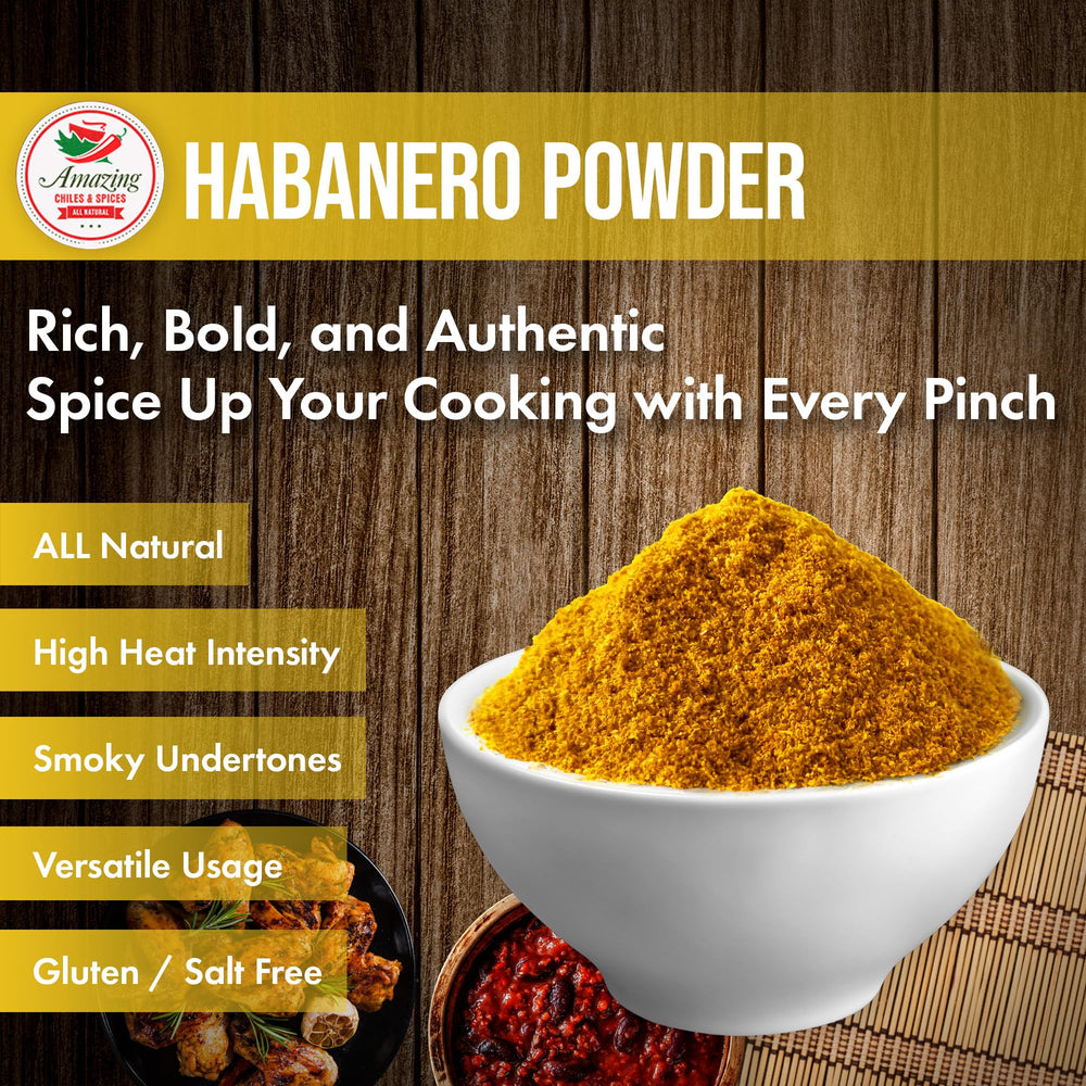 Habanero ground powder 4oz pack provides heat and depth for sauces.