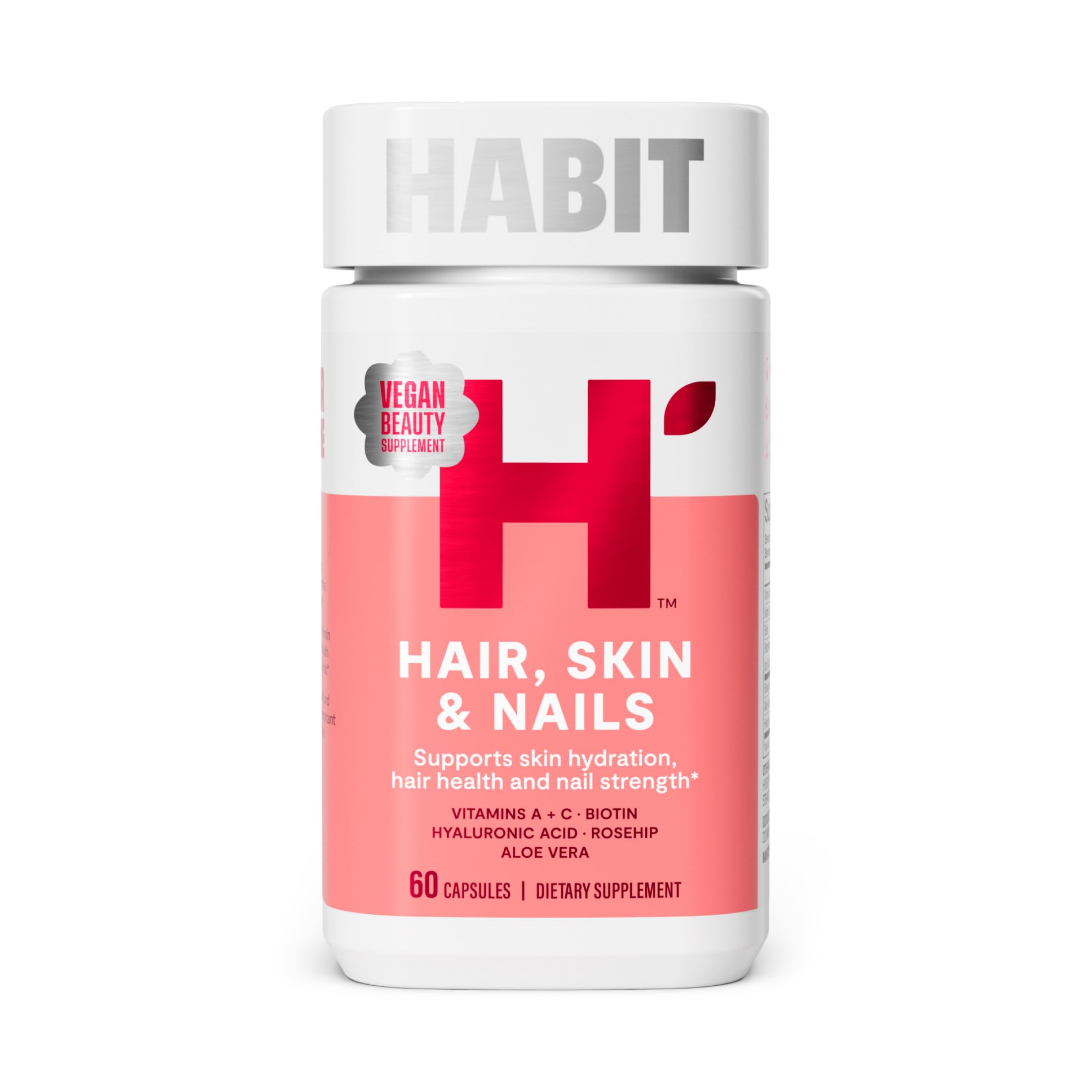 Habit Hair, Skin & Nails bottle with capsules promoting hydration.