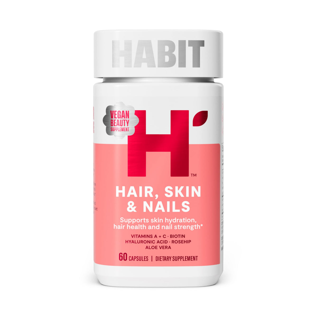 Habit Hair, Skin & Nails bottle with capsules promoting hydration.