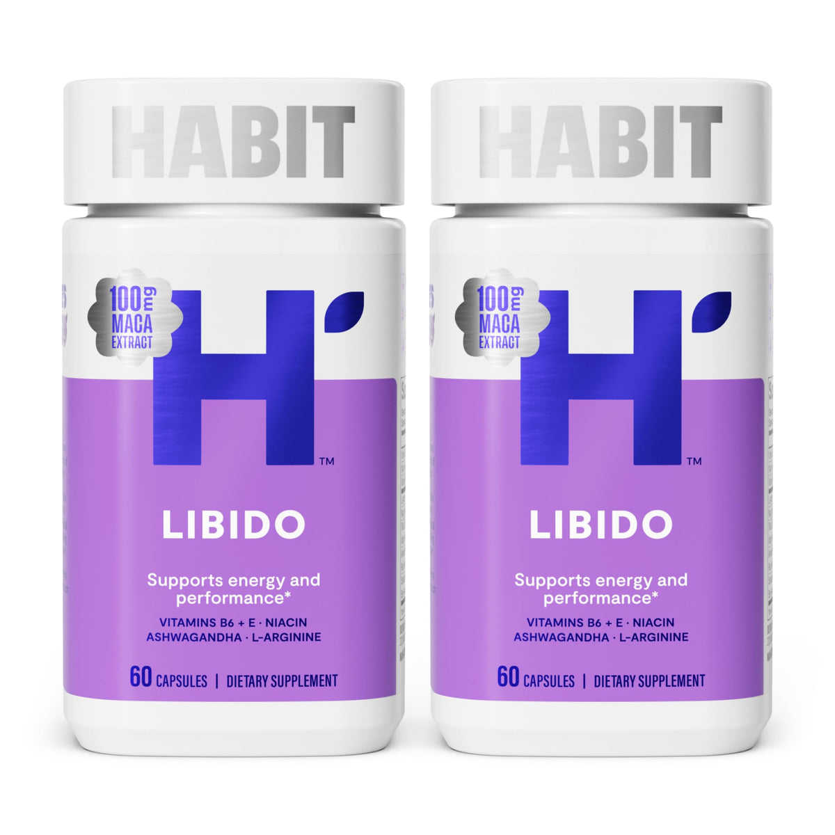 Habit Libido 2Pack bottle front showcases vegan, non-GMO formula for energy and desire.