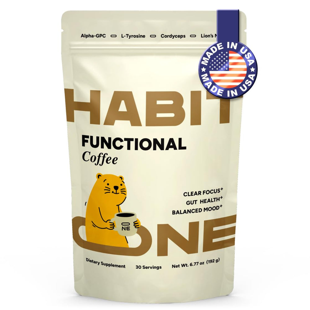 Habit One Mushroom Coffee canister closeup highlights premium blend and packaging.