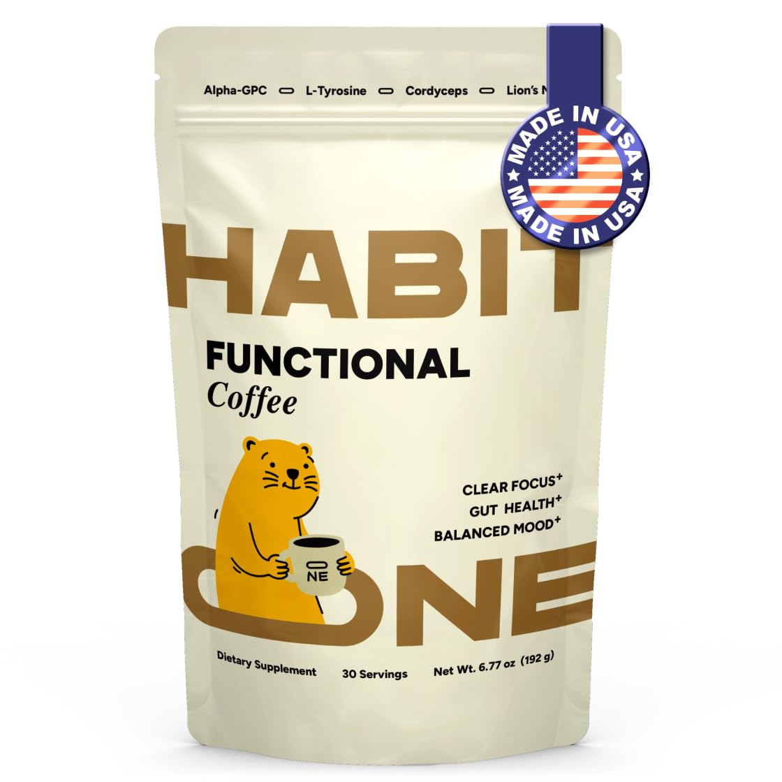 Habit One Mushroom Coffee canister closeup highlights premium blend and packaging.