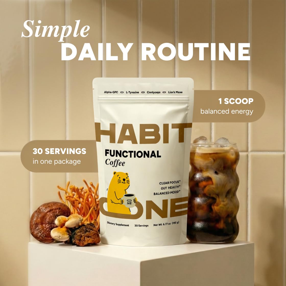 Habit One mushroom fruiting bodies closeup highlights natural adaptogens.