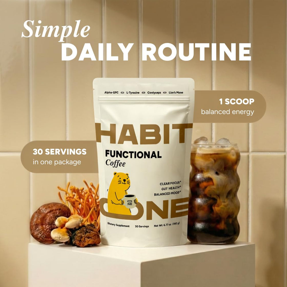 Habit One mushroom fruiting bodies closeup highlights natural adaptogens.
