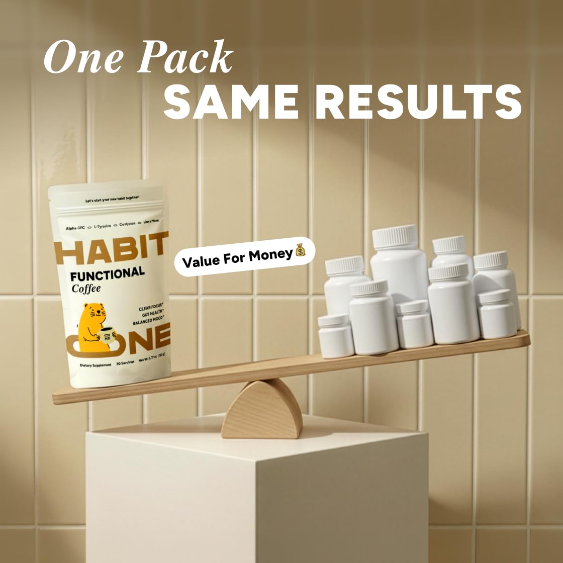 Habit One steaming cup showcases gourmet flavor and comforting warmth.