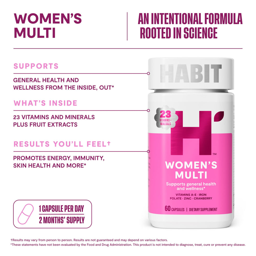 H' Habit Women's Multi acai-pomegranate-papaya graphic showcases antioxidant-rich ingredients.