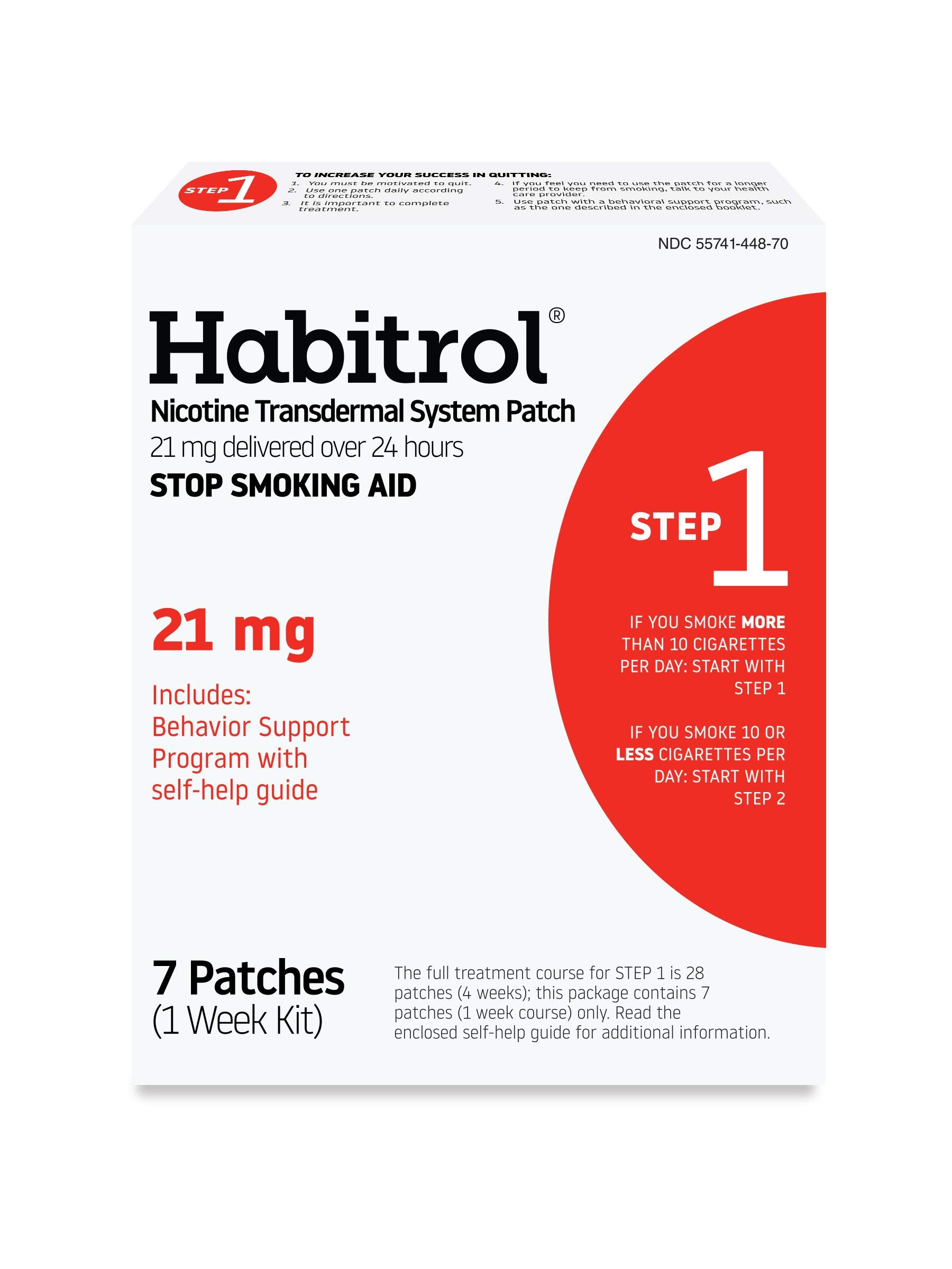 Habitrol Step 1 patch packaging showing 21 mg over 24 hours to curb cravings.