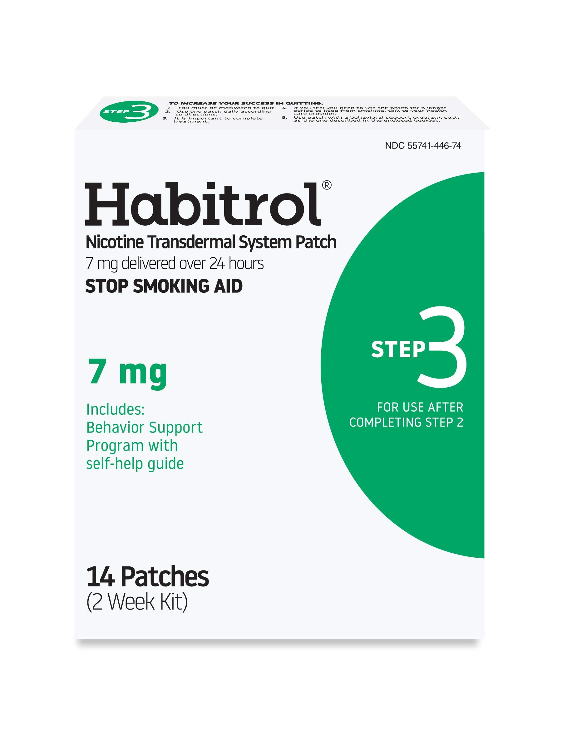 Habitrol Step 3 patch on arm delivers 7 mg nicotine over 24 hours for steady craving relief.