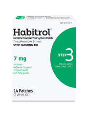 Habitrol Step 3 patch on arm delivers 7 mg nicotine over 24 hours for steady craving relief.