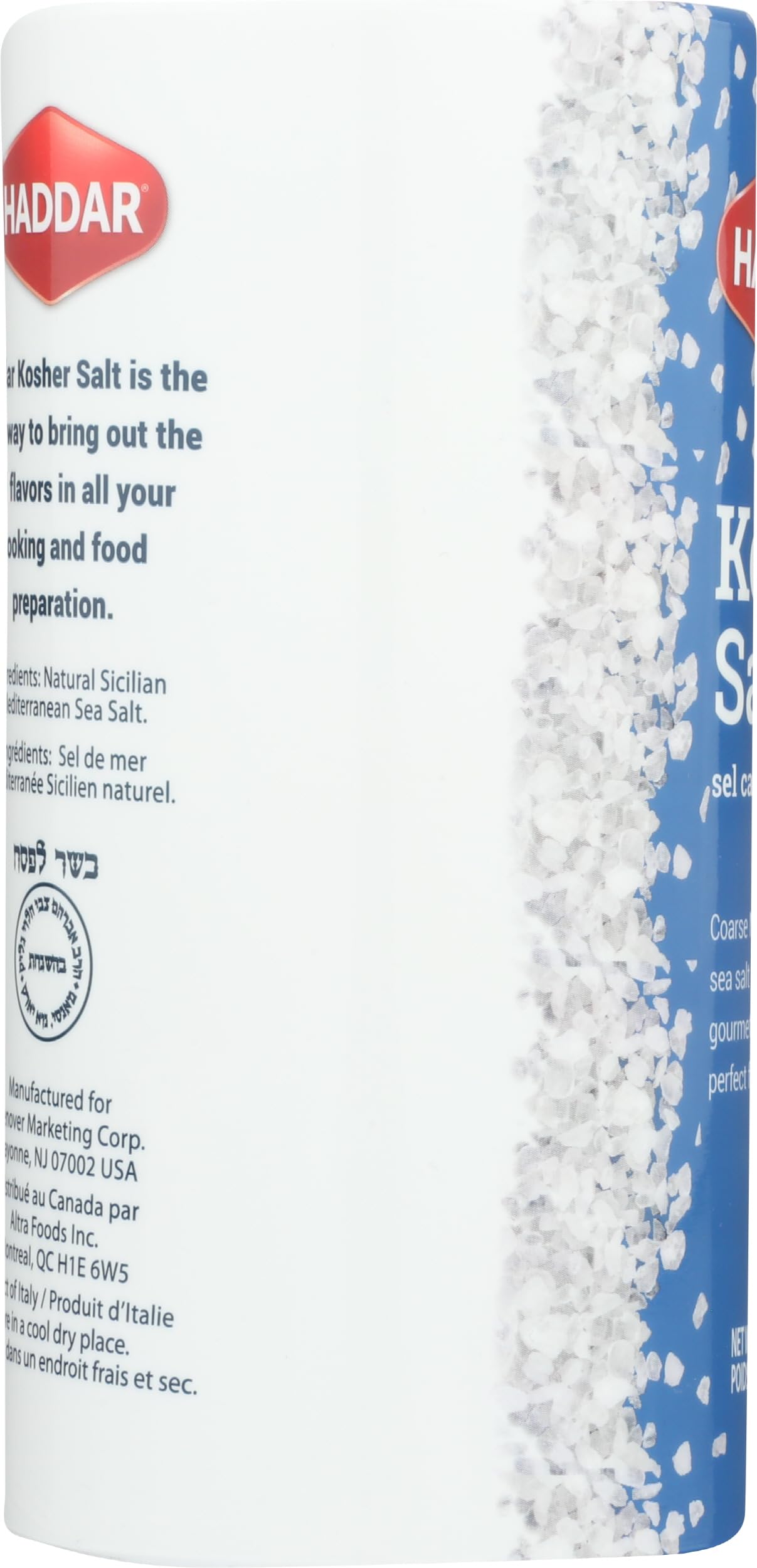 Haddar Kosher Salt packaging info highlighting compact 16-ounce container for pantry storage