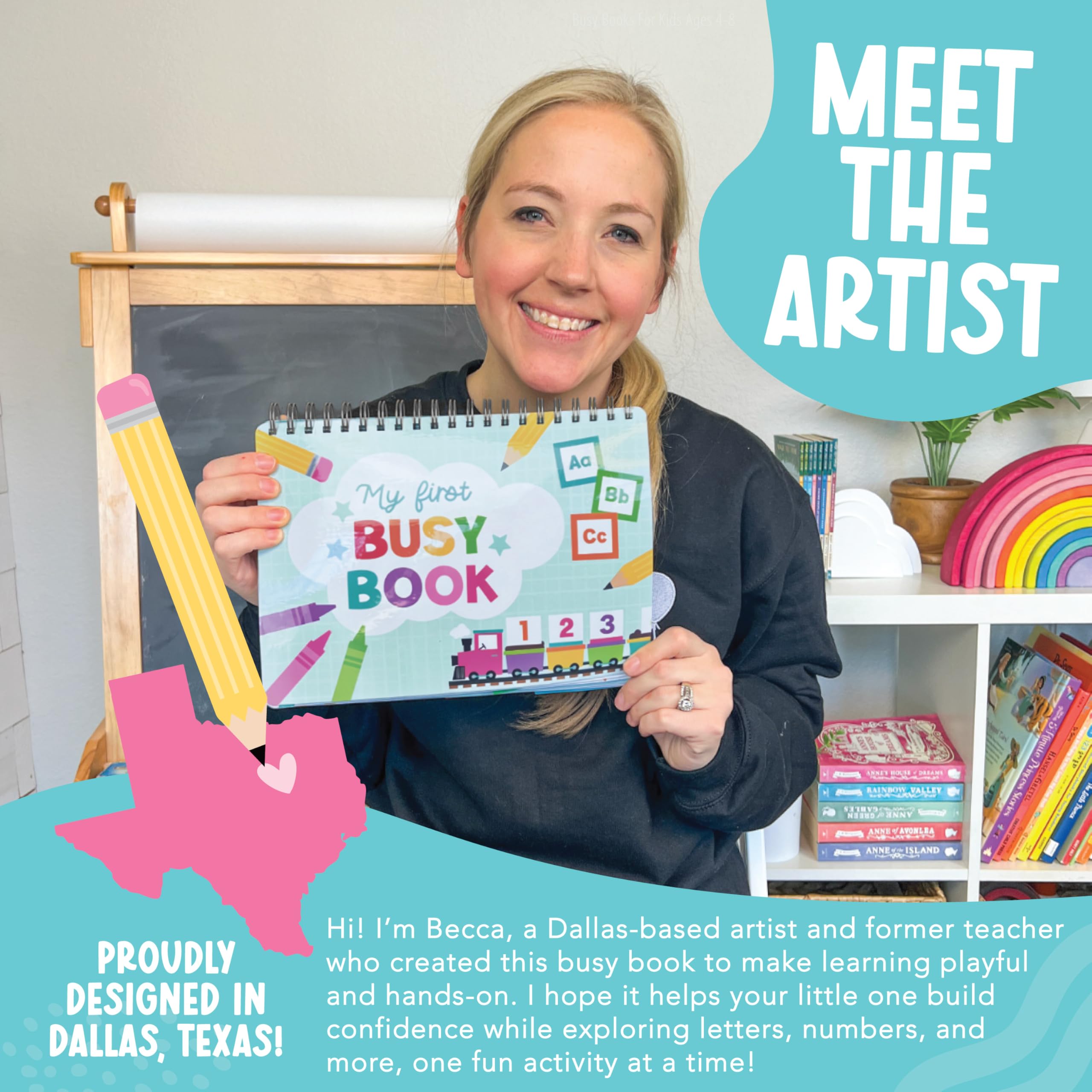 Hadley Designs Busy Book with laminated pages and durable velcro for screen-free play.