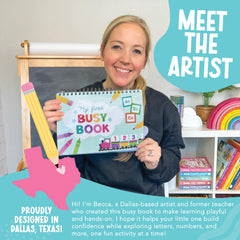 Hadley Designs Busy Book with laminated pages and durable velcro for screen-free play.