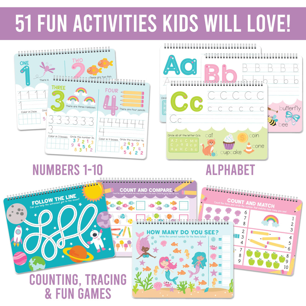 Reusable dry erase pages enable mess-free practice for kids.