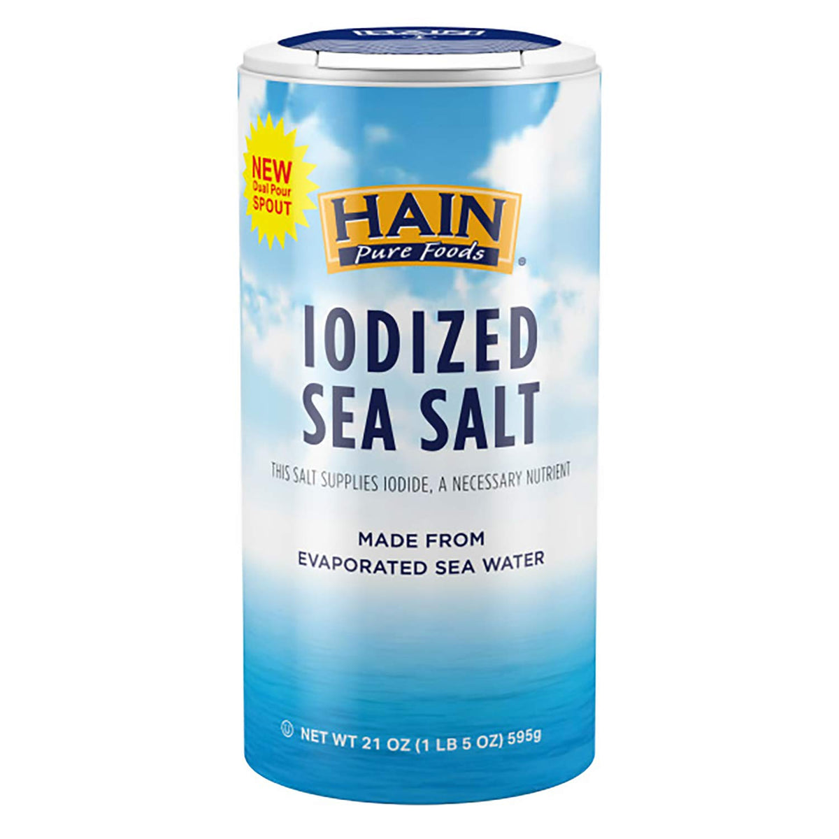 Hain Pure Foods iodized sea salt canister ready for daily seasoning