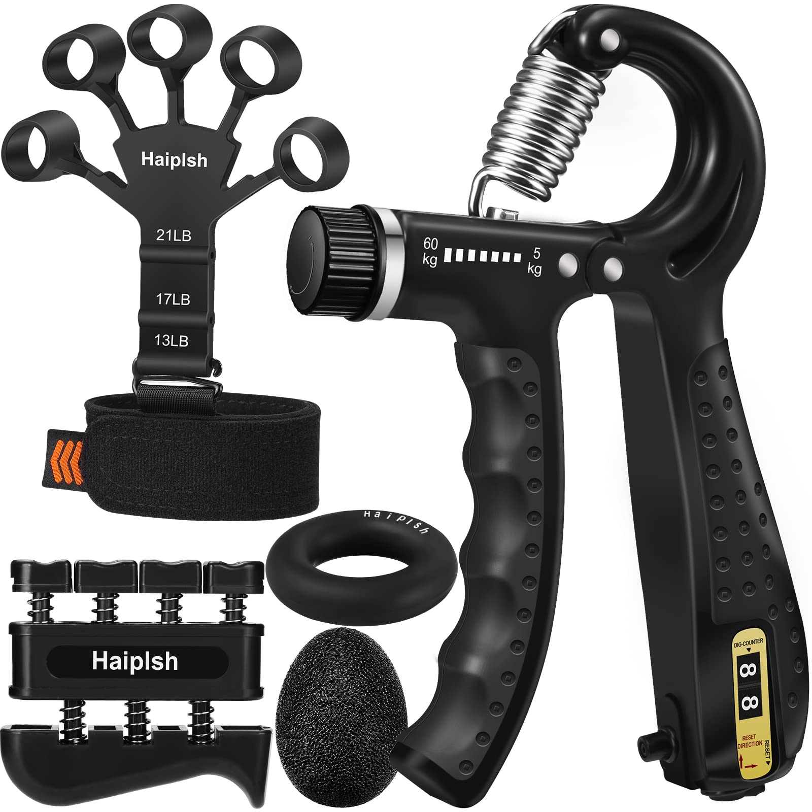 Haiplsh Grip Strength Trainer Kit hero image showing comprehensive set for finger, hand, and forearm workouts.