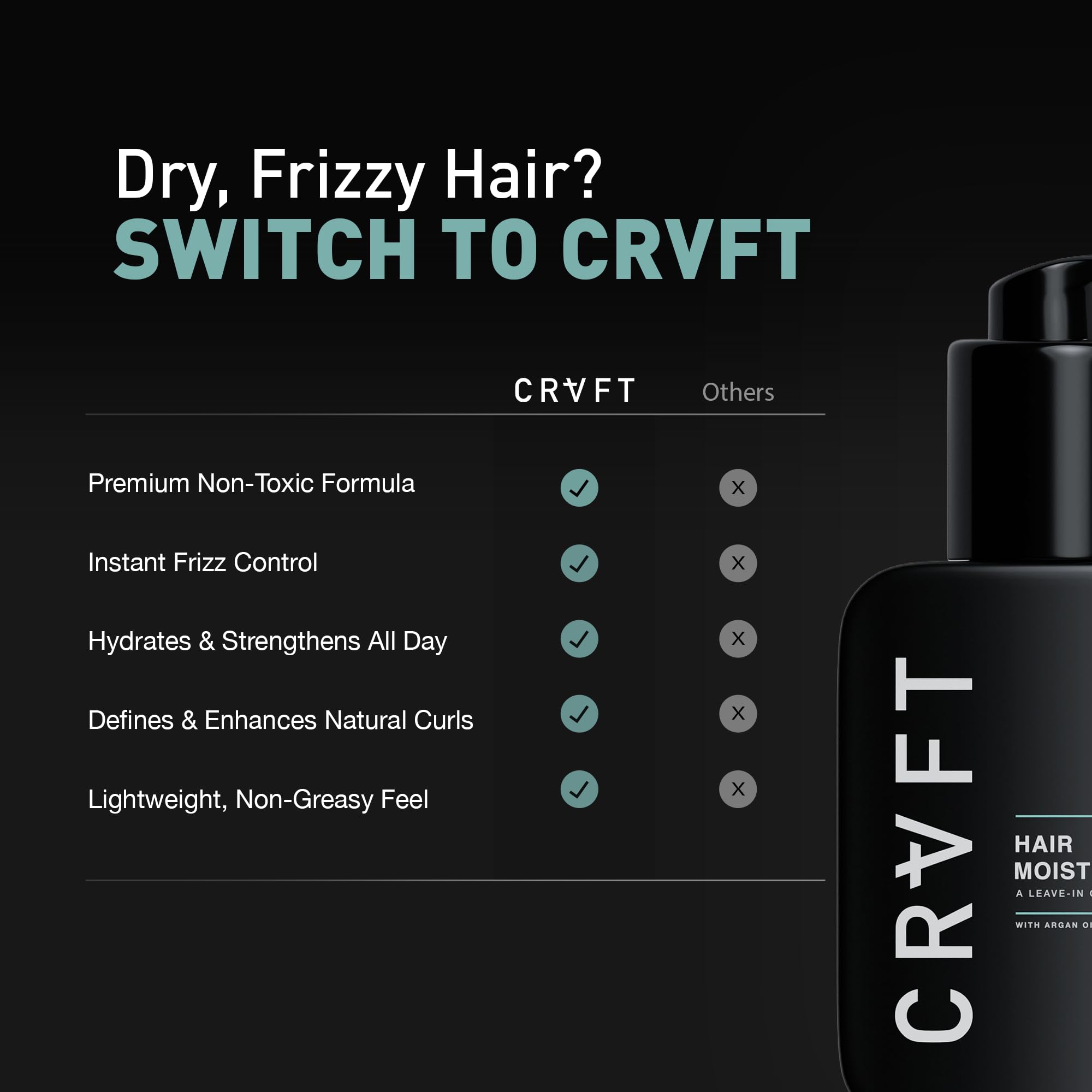 CRVFT leave-in conditioner adds natural shine and softness to hair.