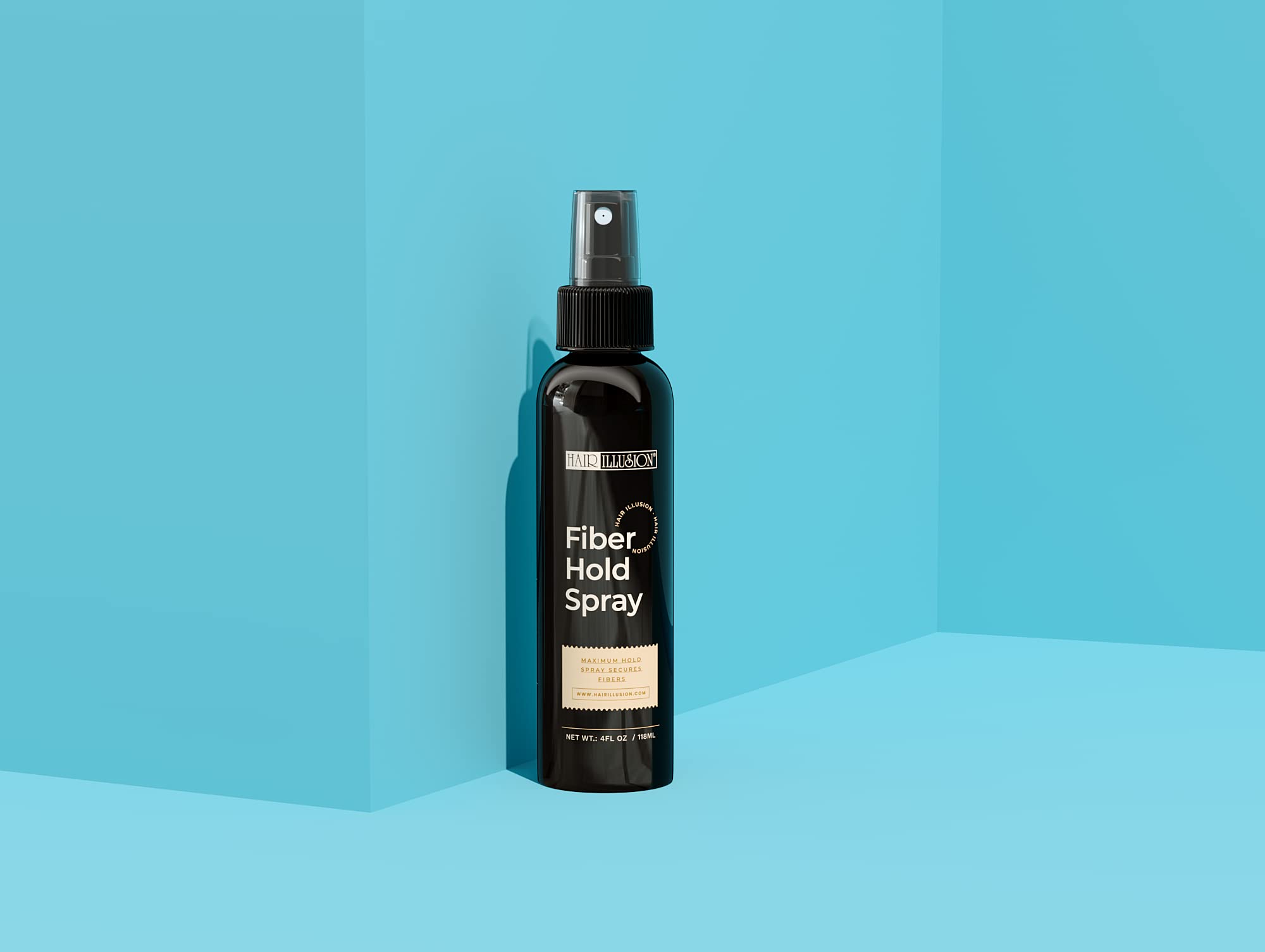 Hair Illusion Fiber Hold spray application on head demonstrates quick-set for fibers
