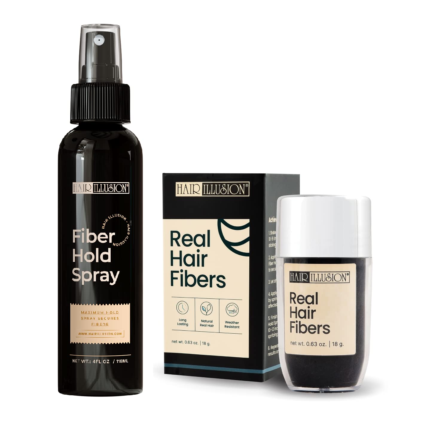 Hair Illusion real fibers bottle offers an immediate fuller look for thinning hair.