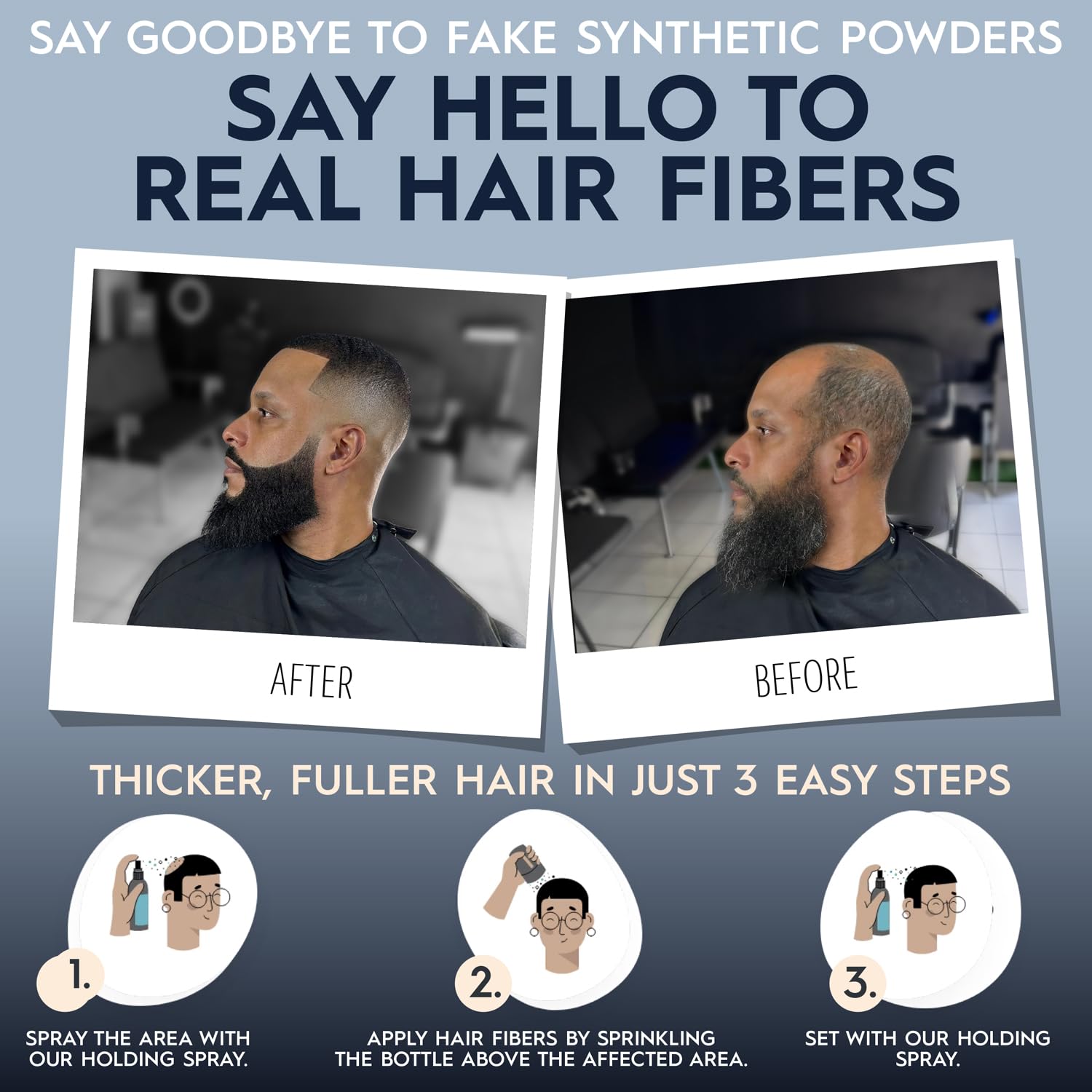 Hair Illusion synthetic-free fibers offer believable density.