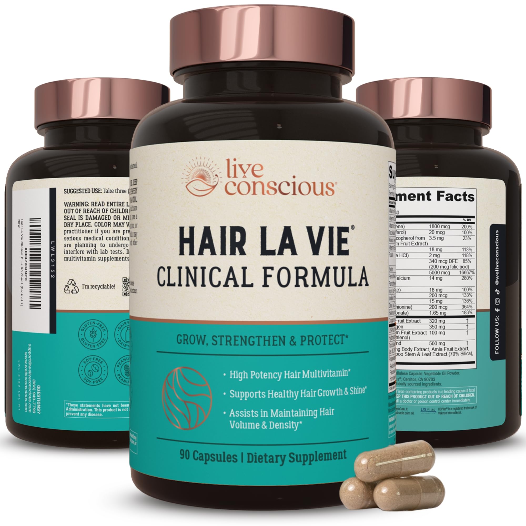 Hair La Vie Live Conscious Clinical Formula bottle for convenient daily hair support.