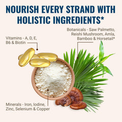 Hair La Vie daily dose image emphasizes 3 capsules with meals for steady support.
