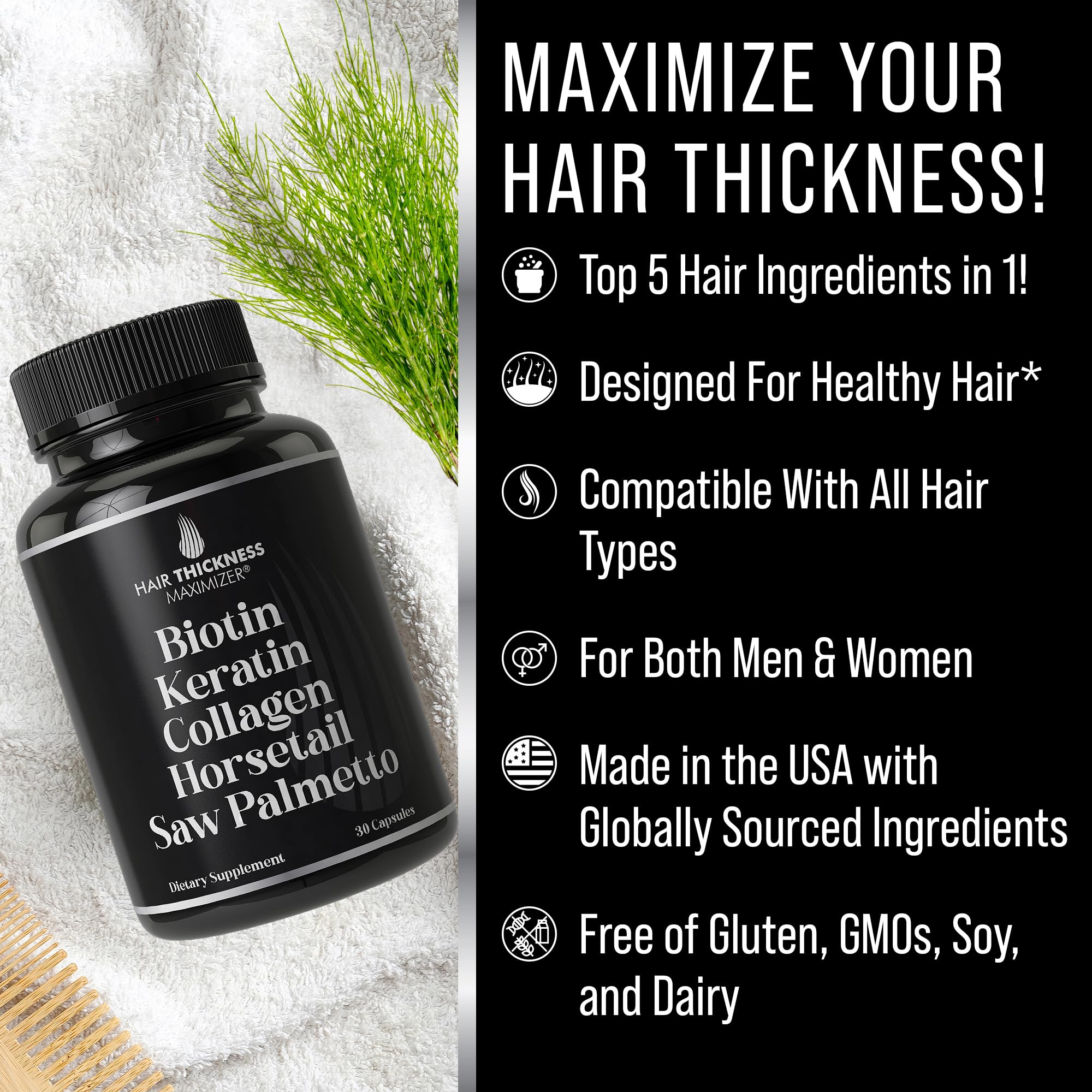 Hair Thickness Maximizer bottle side view showcasing compact packaging and easy dosing.