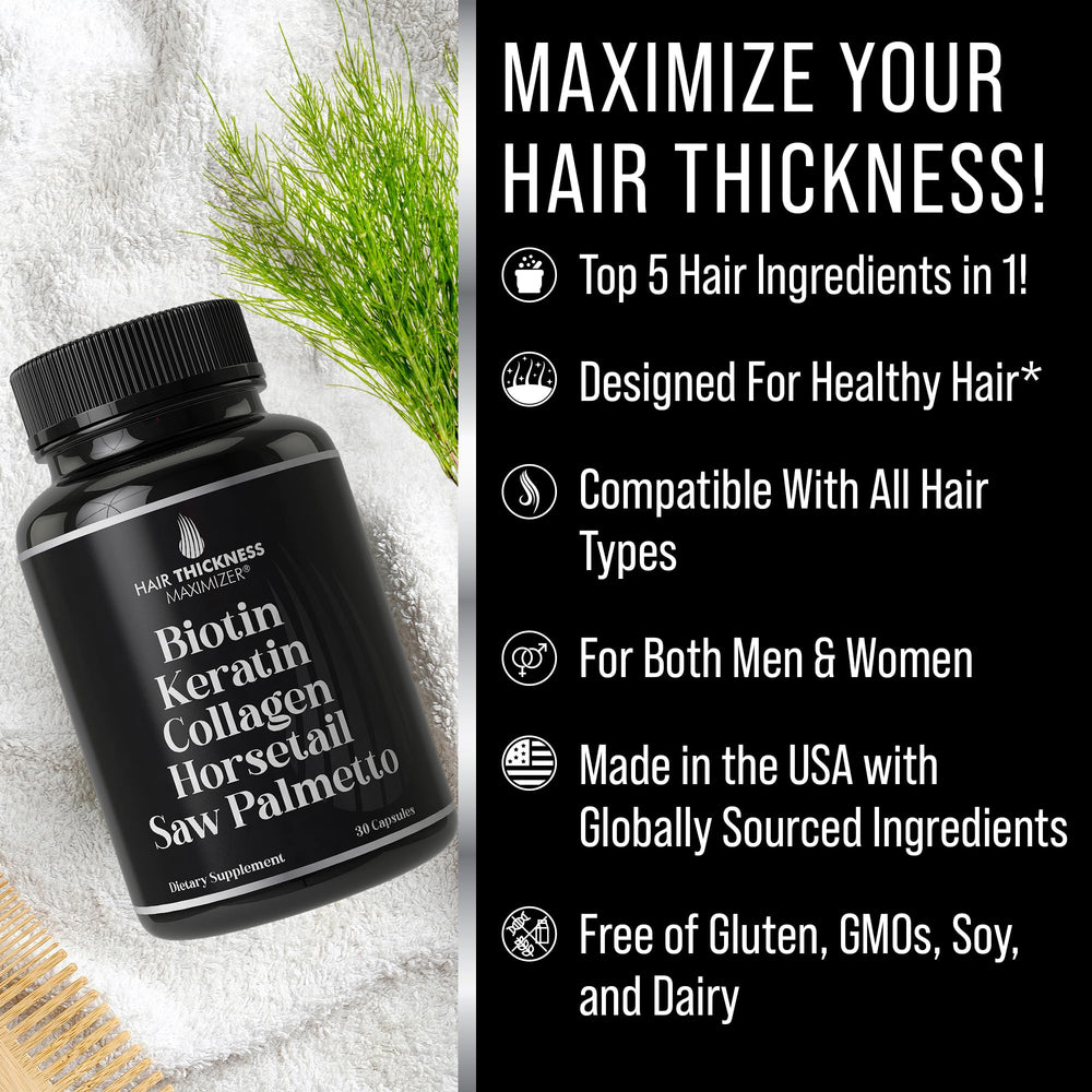 Hair Thickness Maximizer bottle side view showcasing compact packaging and easy dosing.
