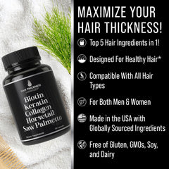 Hair Thickness Maximizer bottle side view showcasing compact packaging and easy dosing.