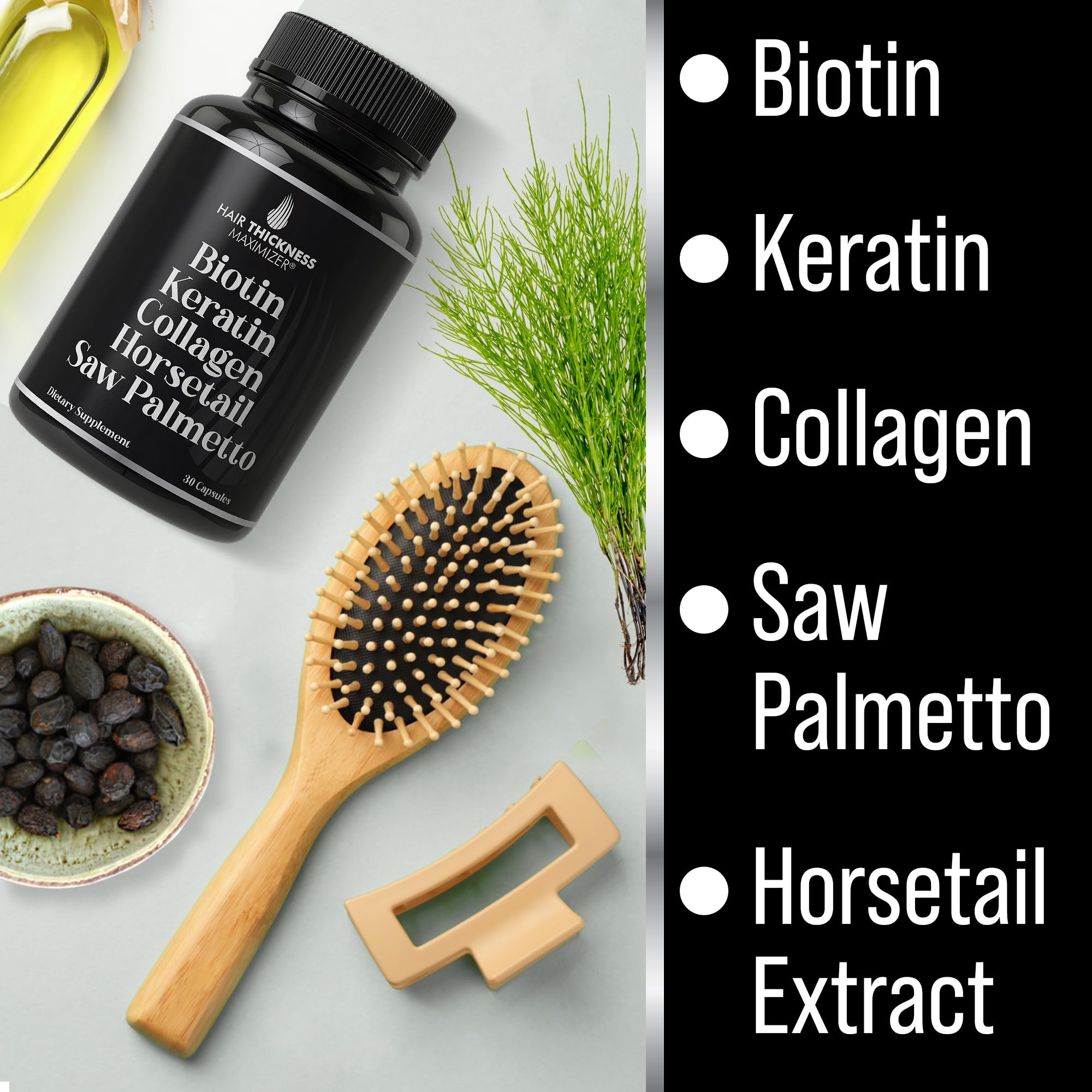 Hair Thickness Maximizer ingredients scene features Biotin, Keratin, and Collagen benefits.