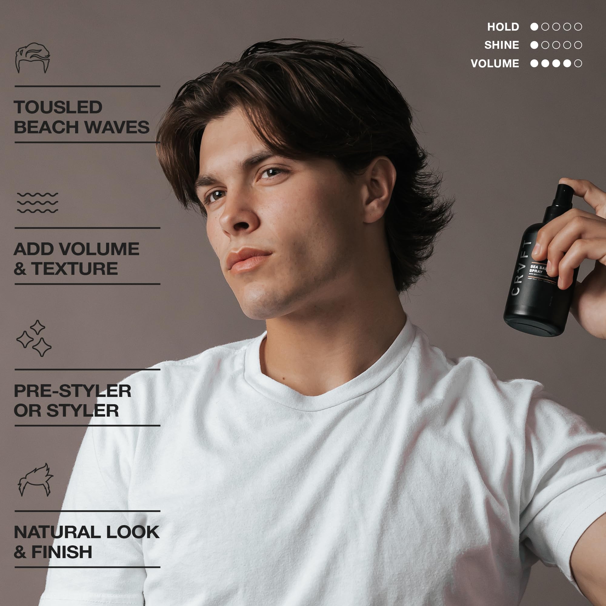 Hair Craft Co CRVFT Sea Salt Spray demonstrates convenient pump for controlled styling.