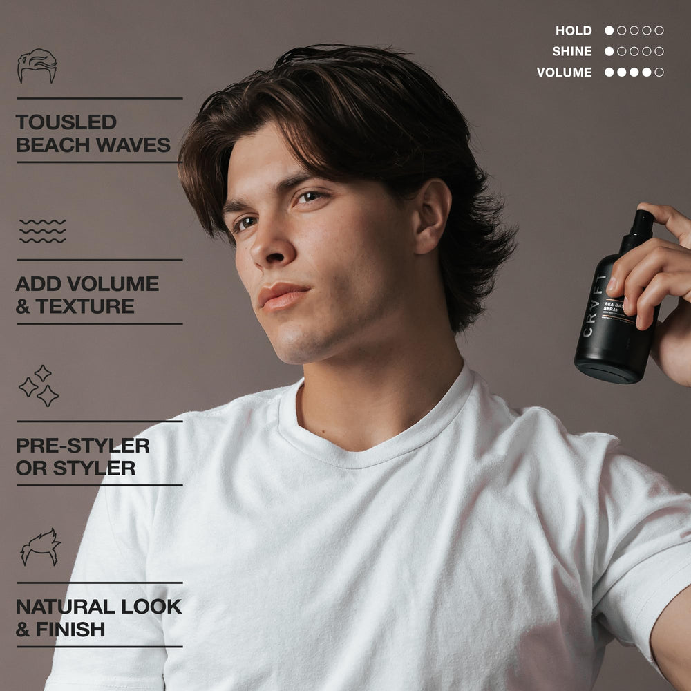 Hair Craft Co CRVFT Sea Salt Spray demonstrates convenient pump for controlled styling.
