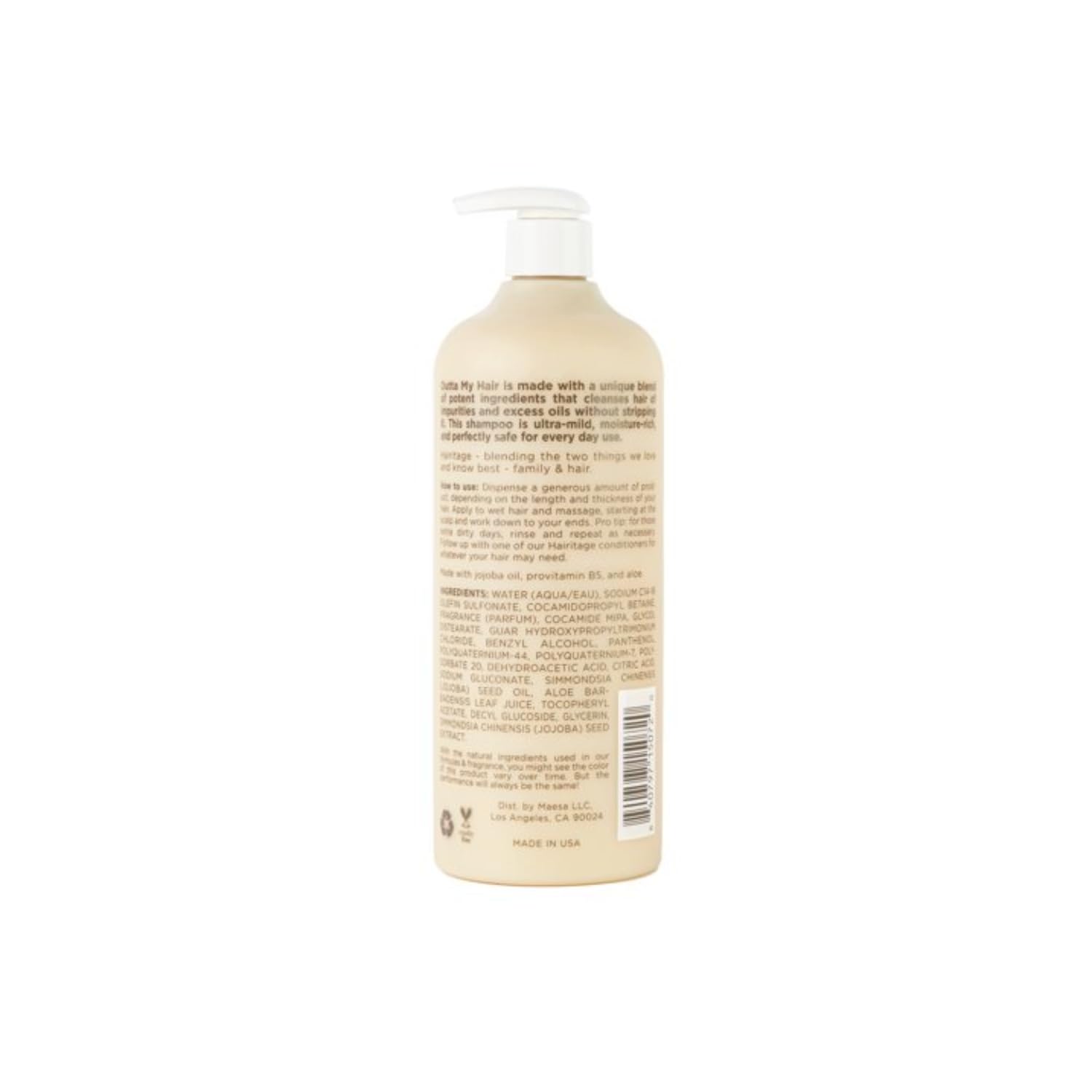Hairitage Outta My Hair bottle pour demonstrates easy rinsing with gentle cleansing.