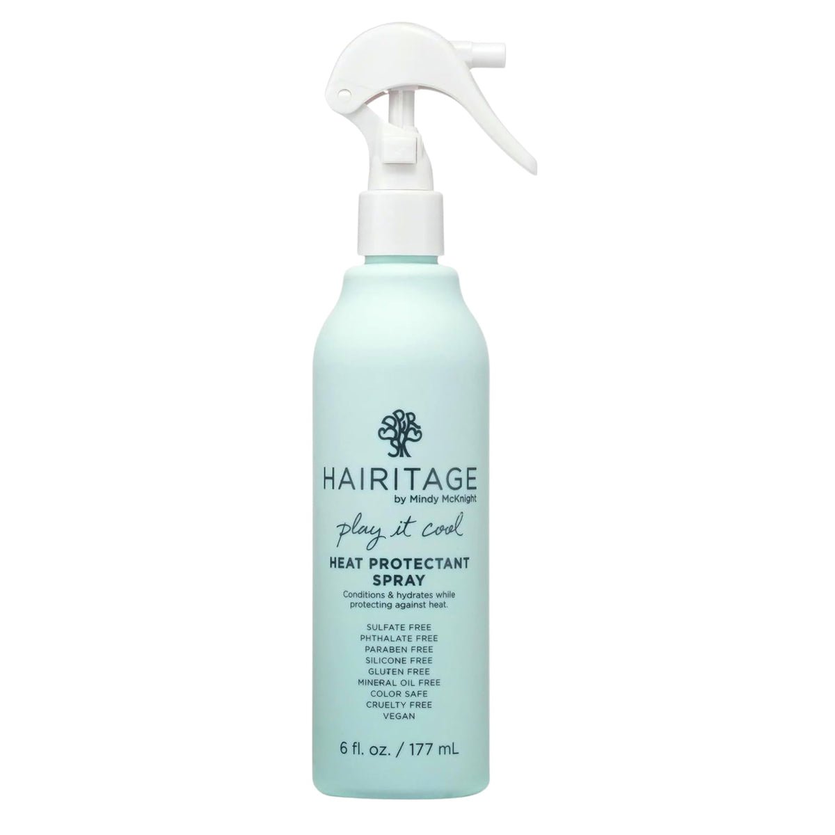 Hairitage Play It Cool heat protectant spray bottle showing protection up to 450°F for hair