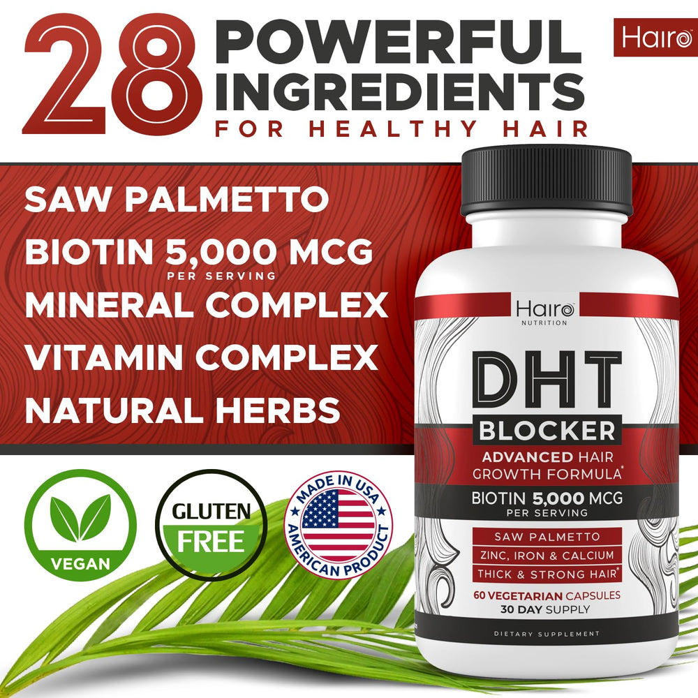 Hairo Nutrition DHT Blocker capsules close-up highlighting potent ingredients