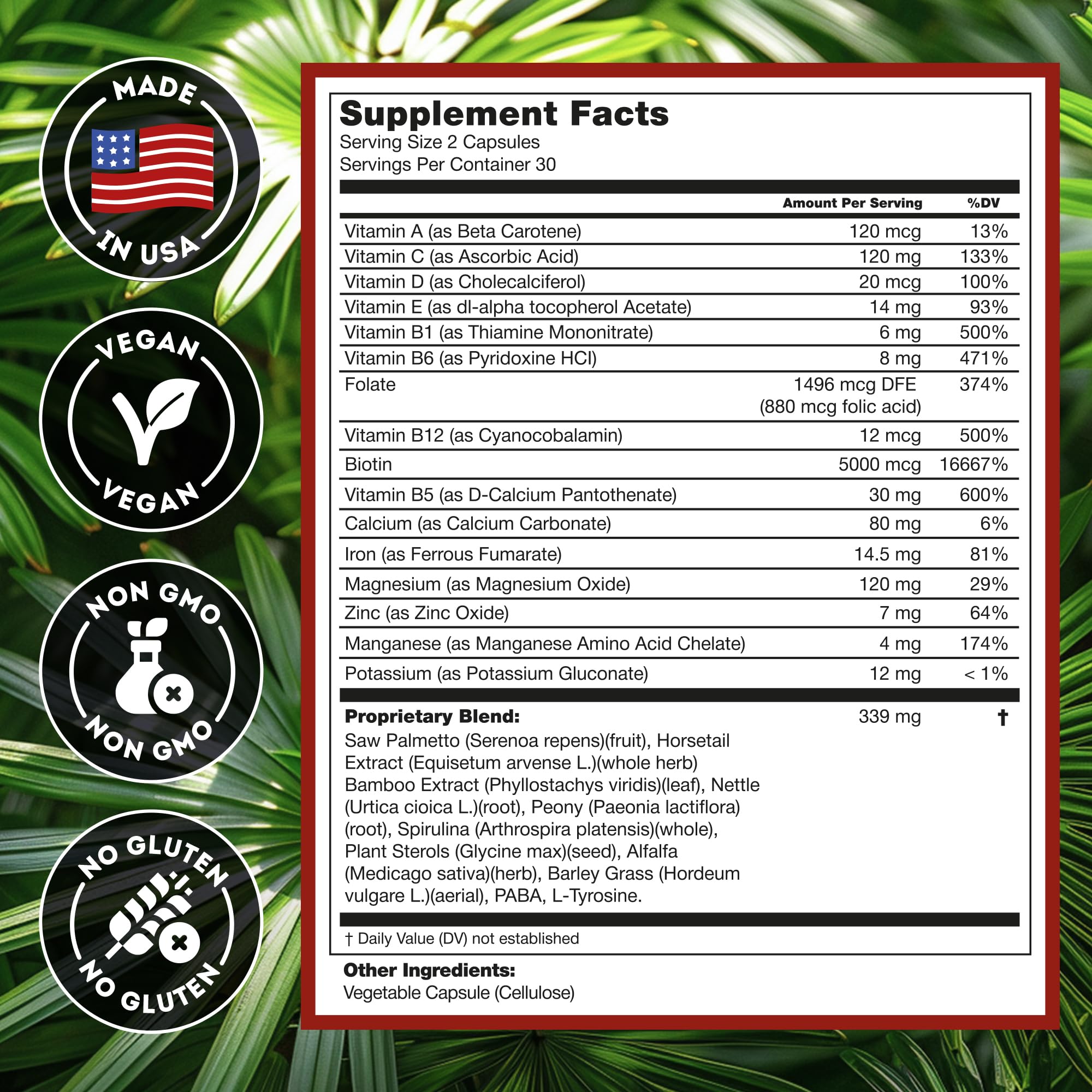 Hairo Nutrition DHT Blocker label detail showing biotin and saw palmetto