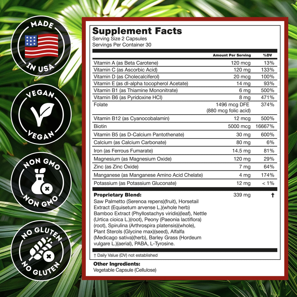 Hairo Nutrition DHT Blocker label detail showing biotin and saw palmetto