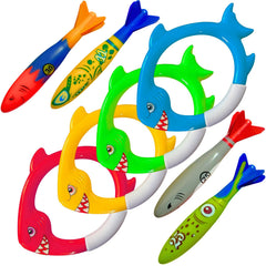 Haktoys Shark Dive Rings 8-piece set for colorful underwater pool play