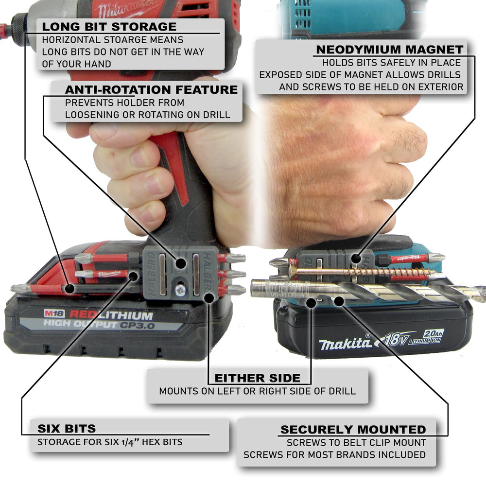 Halberd bit holder stores six bits on your tool for convenience.