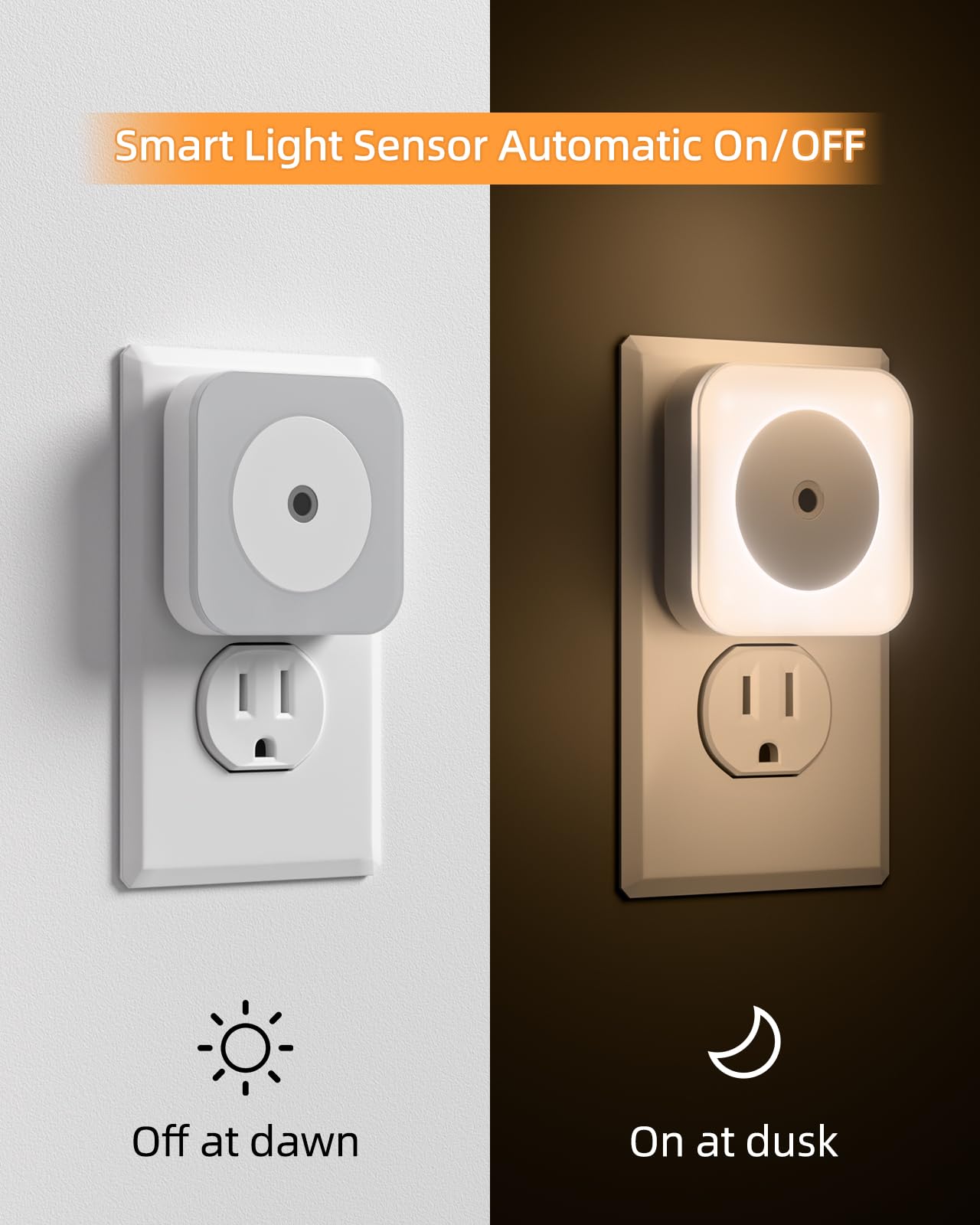 HALEEUR dusk-to-dawn sensor night light powers on automatically in low light.