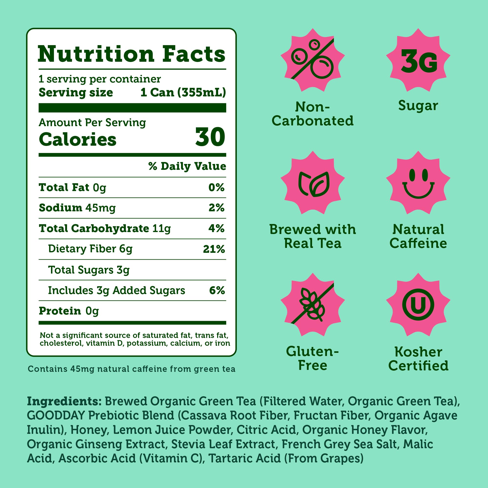 Halfday can back label highlights nutrition and ingredients for informed choices.