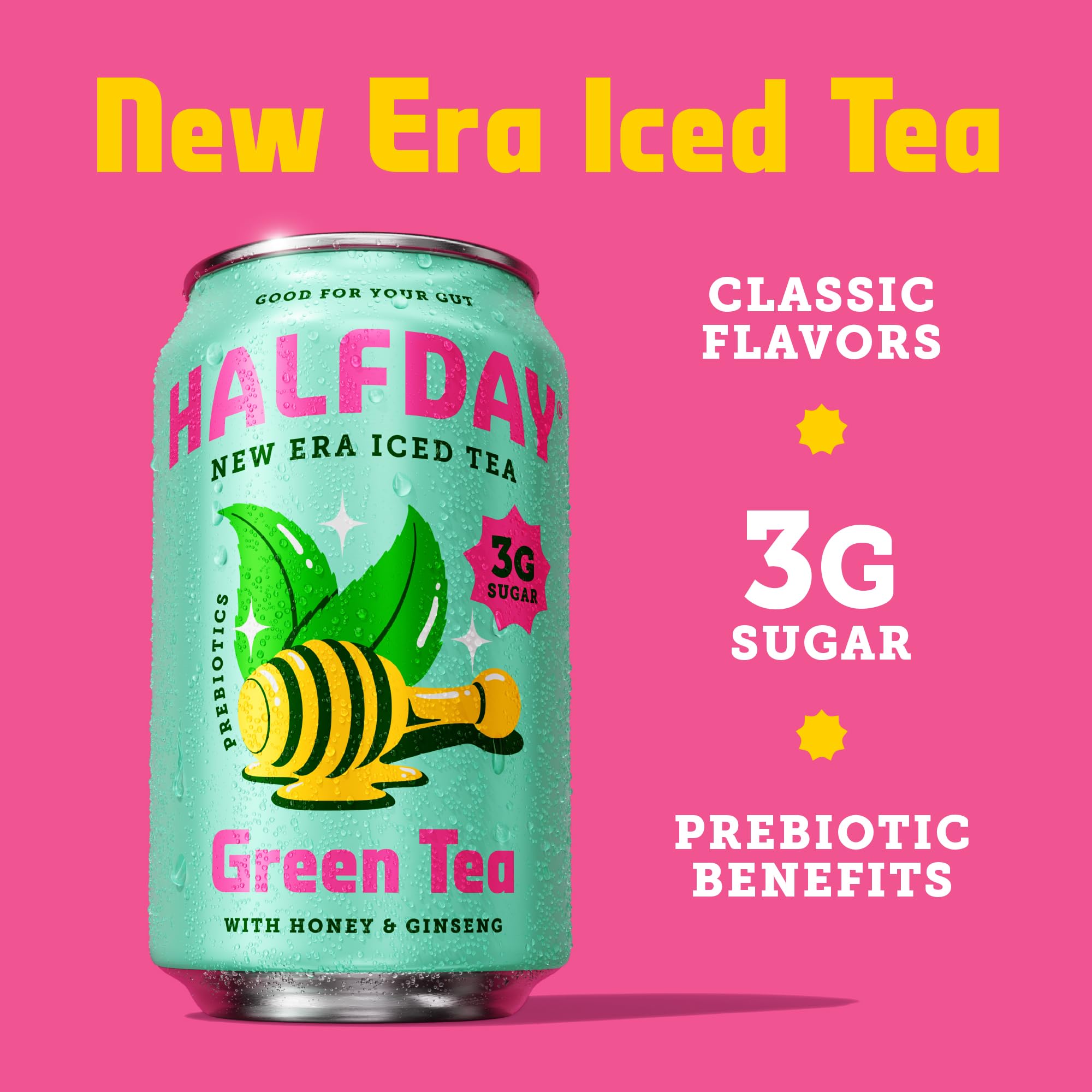 Halfday ingredients scene highlights natural flavors of tea, honey, and ginseng.