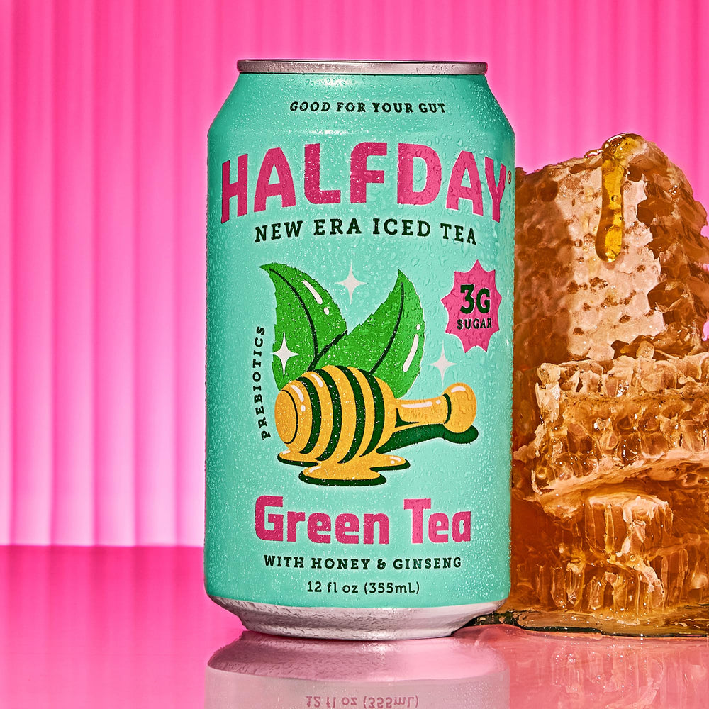 Halfday label close-up emphasizes 3g sugar and 6g prebiotic fiber.