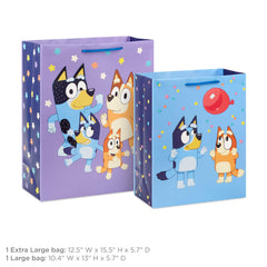 Hallmark Bluey gift bag set, front view of both bags in bold designs.