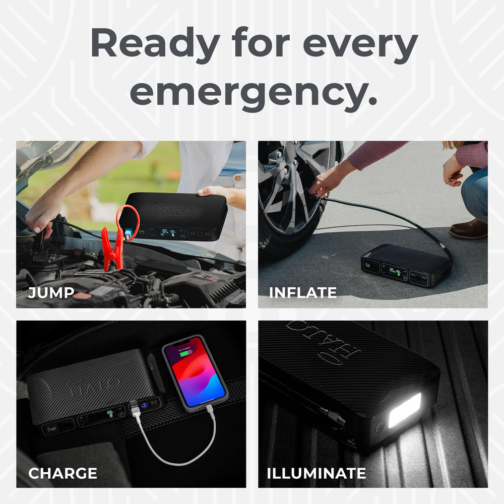 HALO Bolt Air LED floodlight illuminates dark roads for tire changes.